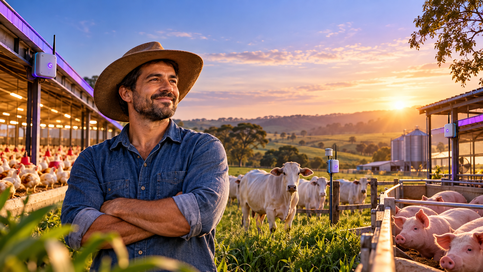 Produtor em uma operação com aves, bovinos e suínos apoiada por sensores e inteligência ambiental